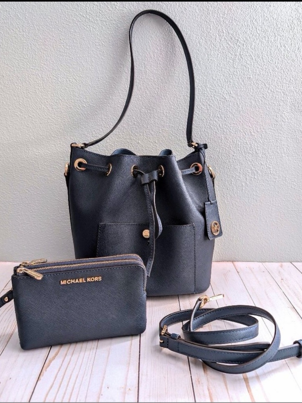 Michael Kors Black Saffiano Leather Bucket Shoulder Bag with Wristlet